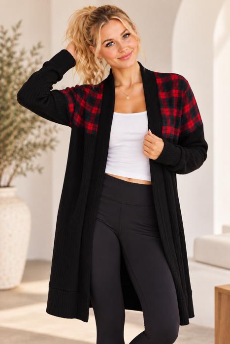 MIDI OPEN CARDIGAN WITH PLAID CONTRAST
