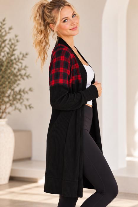 MIDI OPEN CARDIGAN WITH PLAID CONTRAST