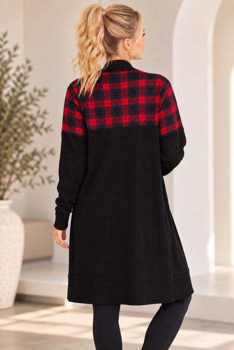 MIDI OPEN CARDIGAN WITH PLAID CONTRAST