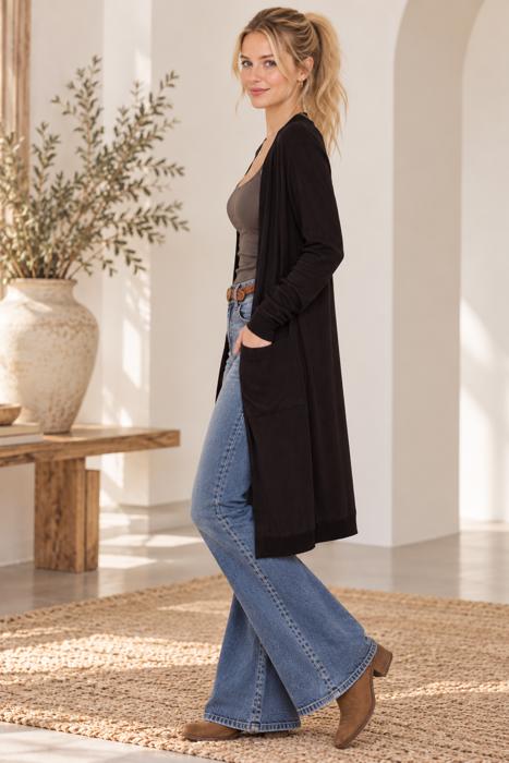 SOLID RIB MIDI OPEN CARDIGAN