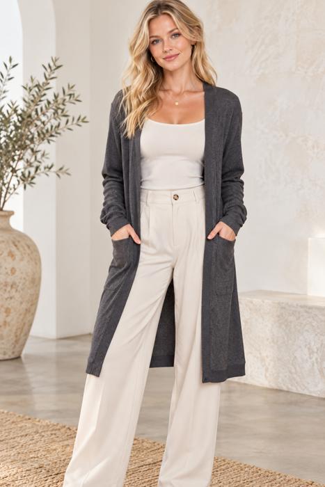 SOLID RIB MIDI OPEN CARDIGAN