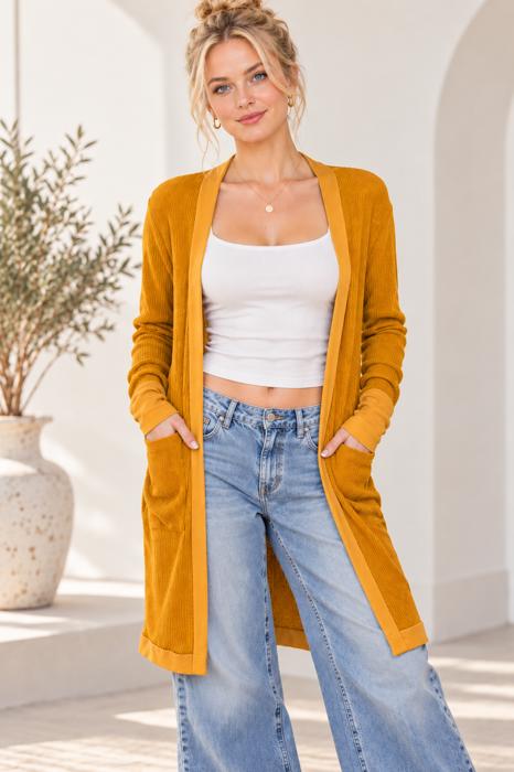 SOLID RIB MIDI OPEN CARDIGAN