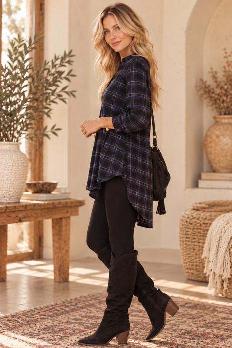 WOVEN PLAID TUNIC TOP