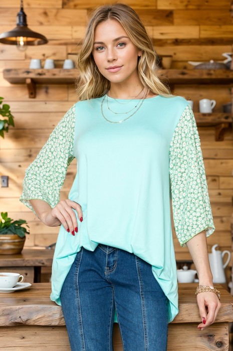 OVERSIZED TUNIC TOP WITH DITSY FLORAL SLEEVES