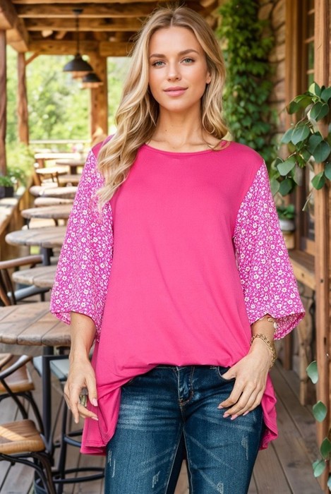 OVERSIZED TUNIC TOP WITH DITSY FLORAL SLEEVES
