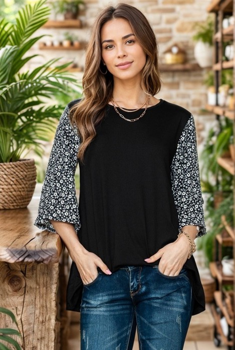 OVERSIZED TUNIC TOP WITH DITSY FLORAL SLEEVES