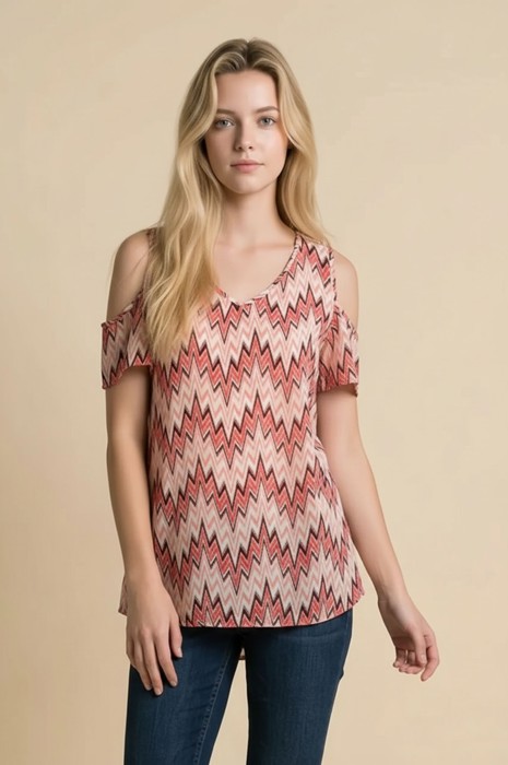 CHIFFON CHEVRON PRINT COLD SHOULDER TOP