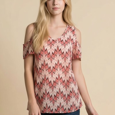 CHIFFON CHEVRON PRINT COLD SHOULDER TOP