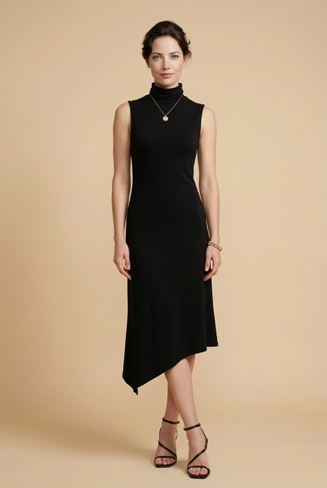 SOLID HIGH NECK SLEEVELESS ASYMMETRICAL BOTTOM DRESS