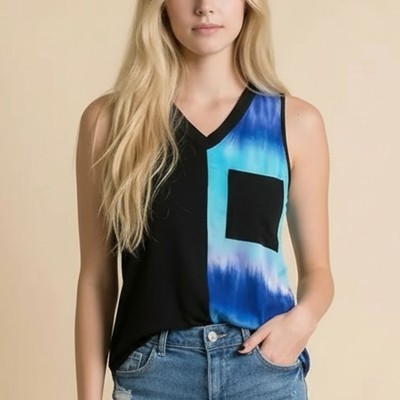 COLOR BLOCK V-NECK SLEEVELESS TOP WITH POCKET