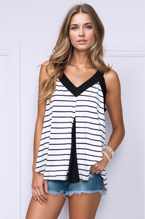 V-NECK TANK TOP WITH STRIPE AND SOLID CONTRAST COLOR BLOCK