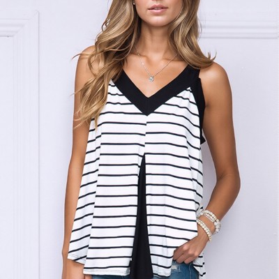 V-NECK TANK TOP WITH STRIPE AND SOLID CONTRAST COLOR BLOCK
