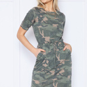 XL CAMO CAMO SHORT SLEEVE DRESS WITH WAIST TIE AND POCKETS