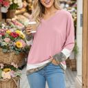 Medium PINK V-NECK OVERSIZE TUNIC TOP WITH COLOR BLOCK DETAIL