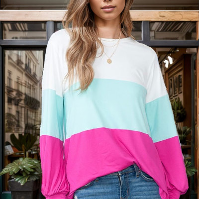 COLOR BLOCK LONG SLEEVE TUNIC TOP