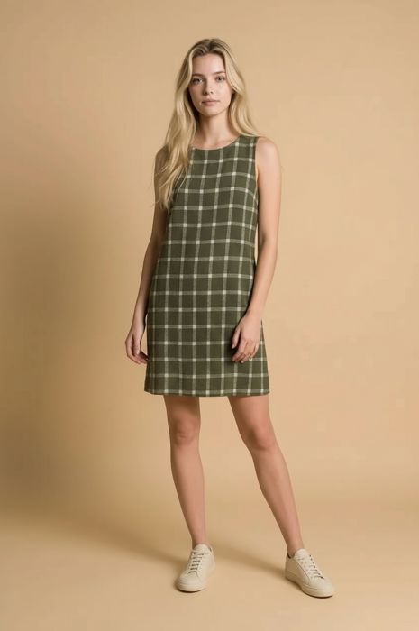 SLEEVELESS SHIFT DRESS WITH PLAID PATTERN