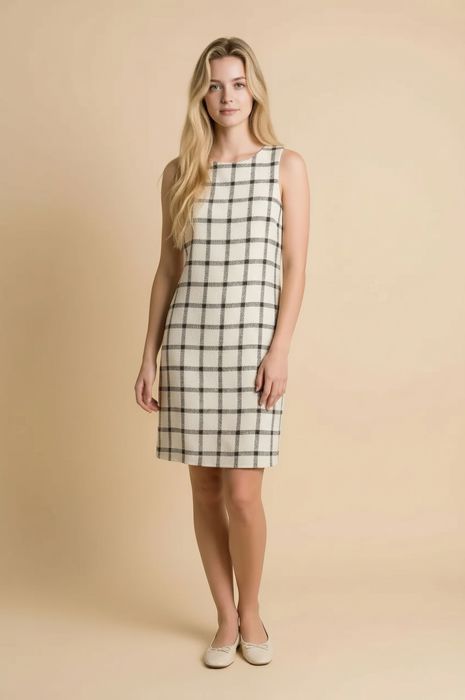 SLEEVELESS SHIFT DRESS WITH PLAID PATTERN