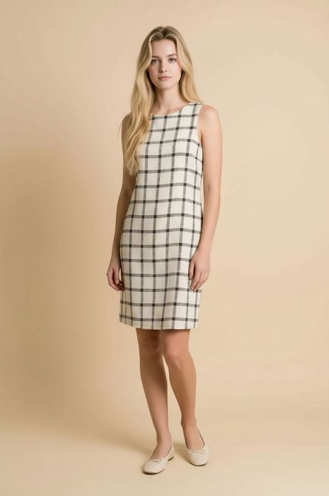 SLEEVELESS SHIFT DRESS WITH PLAID PATTERN