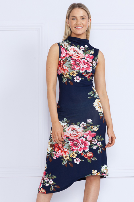 FLORAL HIGH NECK SLEEVELESS POINTED BOTTOM DRESS