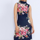 Small NAVY FLORAL HIGH NECK SLEEVELESS POINTED BOTTOM DRESS