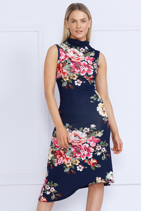 FLORAL HIGH NECK SLEEVELESS POINTED BOTTOM DRESS