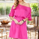 Small FUCHSIA OFF-SHOULDER DRESS WITH WAIST ELASTIC AND BELT