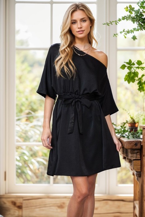 OFF-SHOULDER DRESS WITH WAIST ELASTIC AND BELT