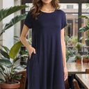 Small NAVY SHORT SLEEVE DRESS WITH SIDE POCKET