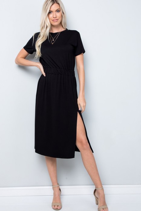 SHORT SLEEVE MIDI DRESS WITH SIDE SLIT