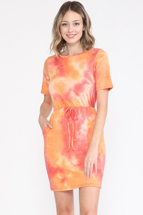 TIE DYE SHORT SLEEVE WAIST TIED DRESS WITH POCKETS