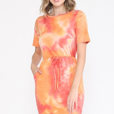 TIE DYE SHORT SLEEVE WAIST TIED DRESS WITH POCKETS