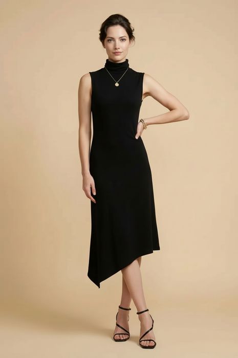 SOLID HIGH NECK SLEEVELESS ASYMMETRICAL BOTTOM DRESS