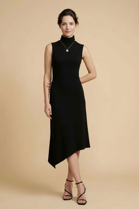 SOLID HIGH NECK SLEEVELESS ASYMMETRICAL BOTTOM DRESS