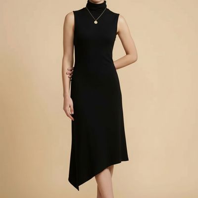 SOLID HIGH NECK SLEEVELESS ASYMMETRICAL BOTTOM DRESS
