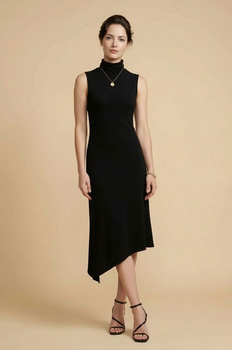 SOLID HIGH NECK SLEEVELESS ASYMMETRICAL BOTTOM DRESS