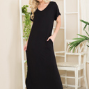 Medium BLACK SHORT SLEEVE MAXI DRESS WITH SIDE SLIT AND POCKETS