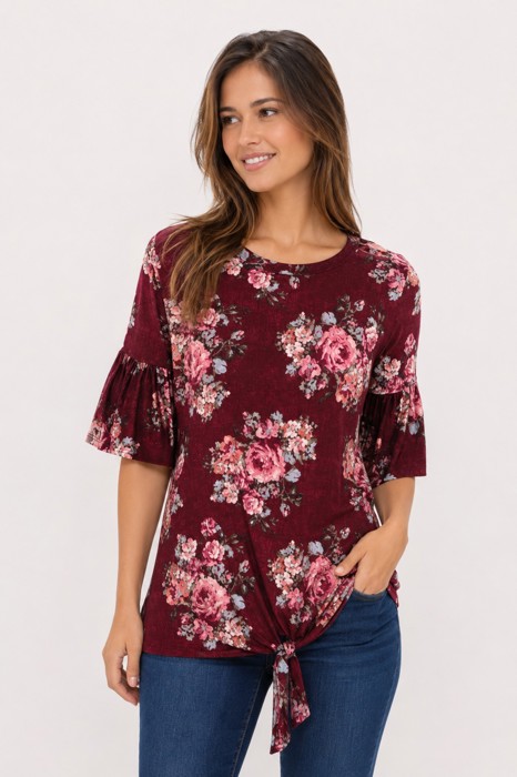 HALF SLEEVE FLORAL TOP WITH FRONT TIE