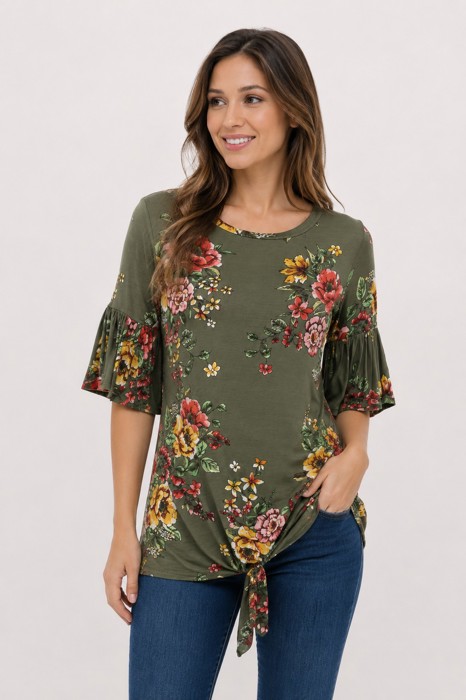 HALF SLEEVE FLORAL TOP WITH FRONT TIE
