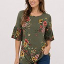 Small OLIVE HALF SLEEVE FLORAL TOP WITH FRONT TIE