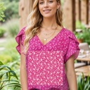 Small FUCHSIA DITSY PRINT V-NECK TOP WITH TULIP SHORT SLEEVES