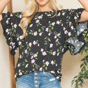 XL BLACK FLORAL RUFFLE BELL SLEEVES TUNIC TOP