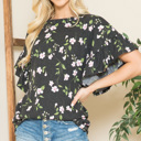 Medium BLACK FLORAL RUFFLE BELL SLEEVES TUNIC TOP