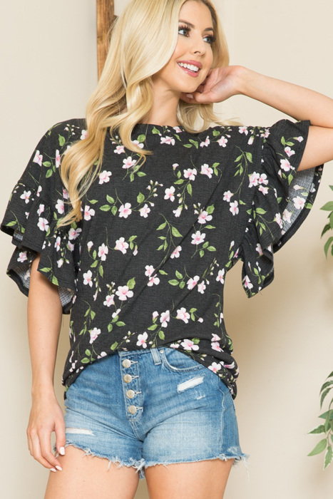 FLORAL RUFFLE BELL SLEEVES TUNIC TOP