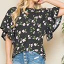 Large BLACK FLORAL RUFFLE BELL SLEEVES TUNIC TOP