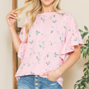 Small PINK FLORAL RUFFLE BELL SLEEVES TUNIC TOP