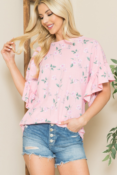 FLORAL RUFFLE BELL SLEEVES TUNIC TOP