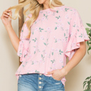 Large PINK FLORAL RUFFLE BELL SLEEVES TUNIC TOP