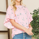 XL PINK FLORAL RUFFLE BELL SLEEVES TUNIC TOP