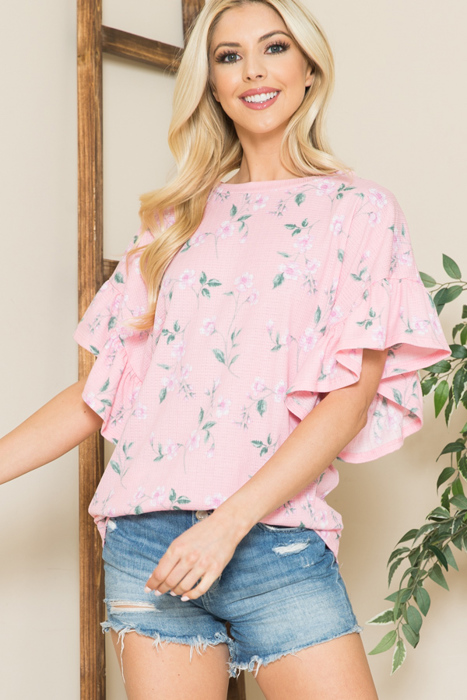 FLORAL RUFFLE BELL SLEEVES TUNIC TOP