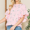  FLORAL RUFFLE BELL SLEEVES TUNIC TOP